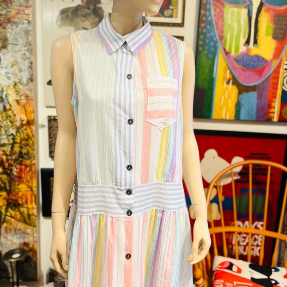 VINTAGE Charm Club Boho Midi Sleeveless Buttons Down Shirt Dress Size Large - Picture 2 of 16